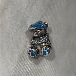 Sterling Silver Bear Charm Wearing a Blue Gemstone Hat with Blue Accent Paws